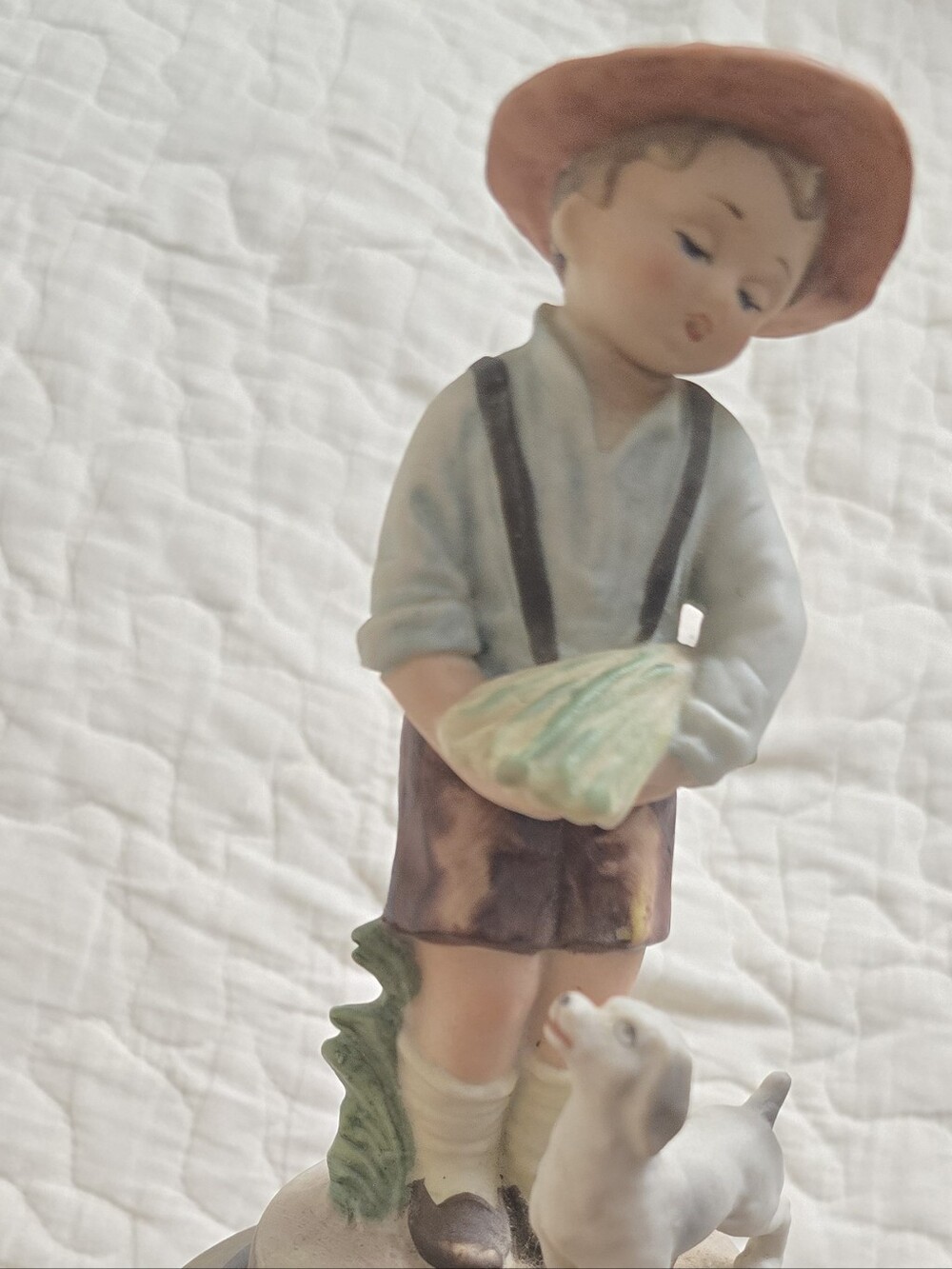 Porcelain Boy Figurine with Puppy in White, Brown and Tan